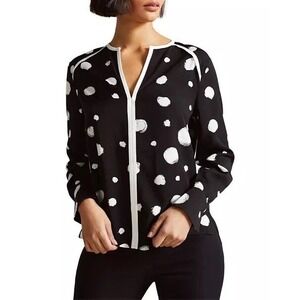 NEW Ted Baker London Dulani Black White polka‎ dot long sleeve blouse top size 0